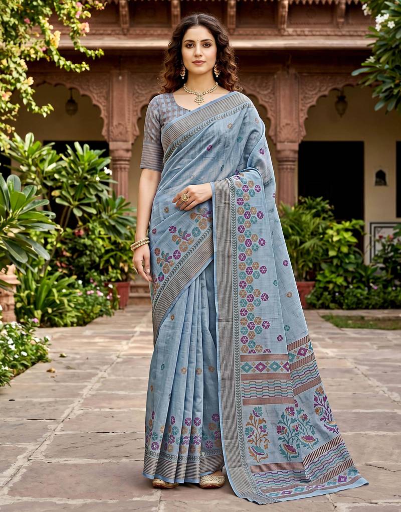 grey woven cotton saree with blouse