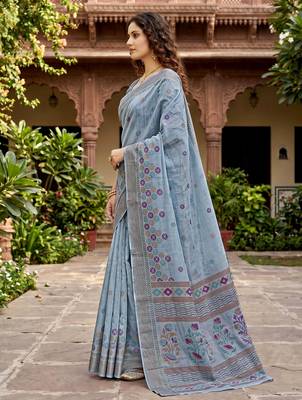 grey woven cotton saree with blouse 3