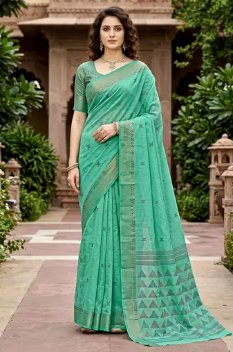 green woven cotton saree with blouse