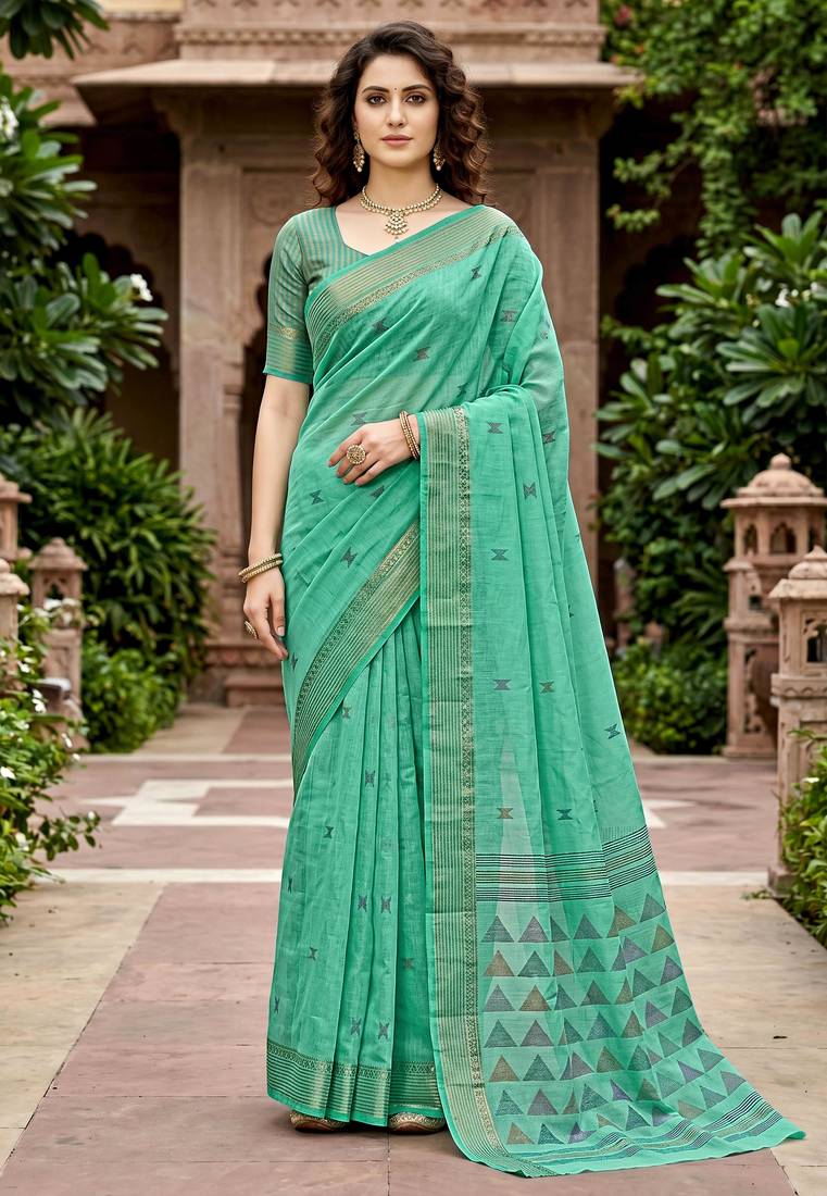 green woven cotton saree with blouse