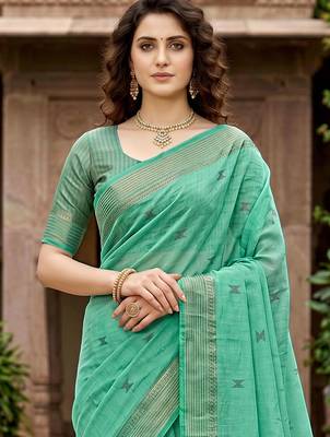 green woven cotton saree with blouse 2