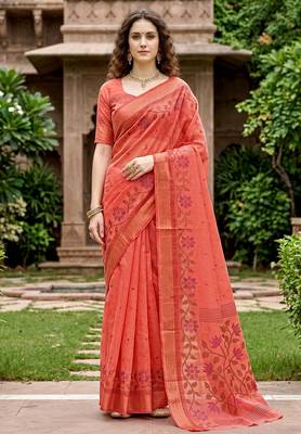 orange woven cotton saree with blouse 1