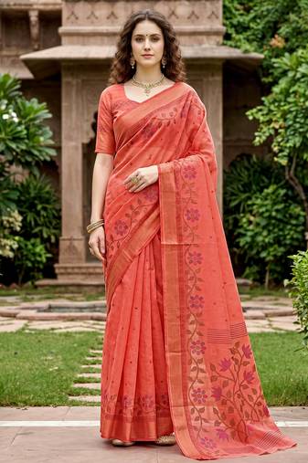 orange woven cotton saree with blouse