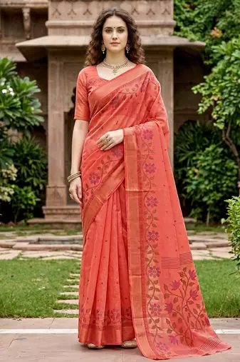 orange woven cotton saree with blouse