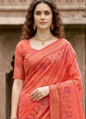 orange woven cotton saree with blouse 2