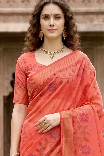 orange woven cotton saree with blouse