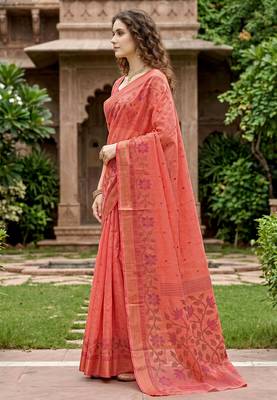orange woven cotton saree with blouse 3