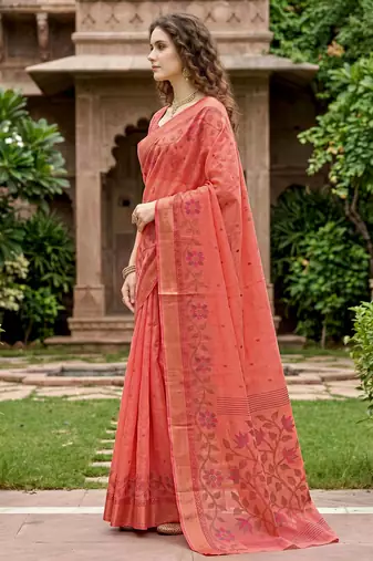 orange woven cotton saree with blouse
