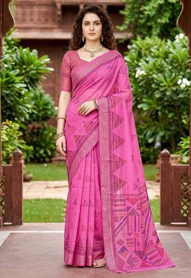 pink woven cotton saree with blouse 1