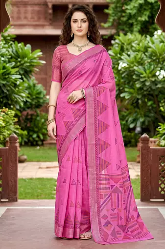 pink woven cotton saree with blouse