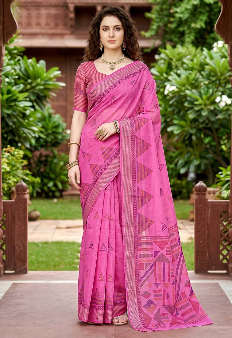 pink woven cotton saree with blouse