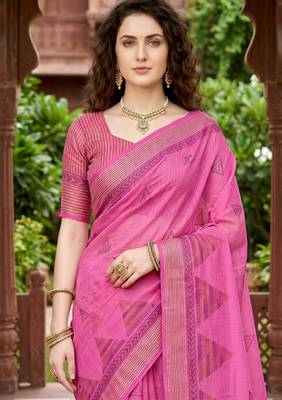 pink woven cotton saree with blouse 2