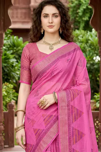 pink woven cotton saree with blouse