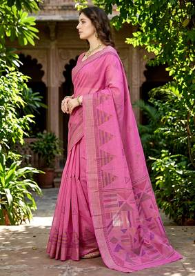 pink woven cotton saree with blouse 3