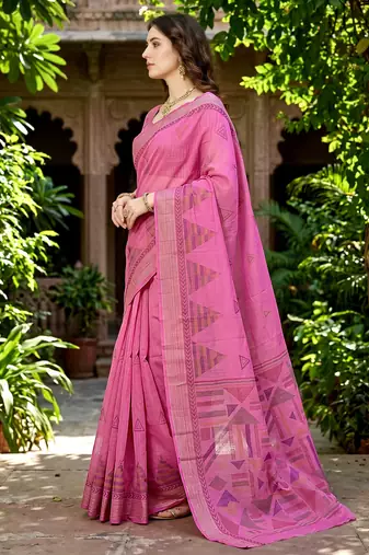 pink woven cotton saree with blouse
