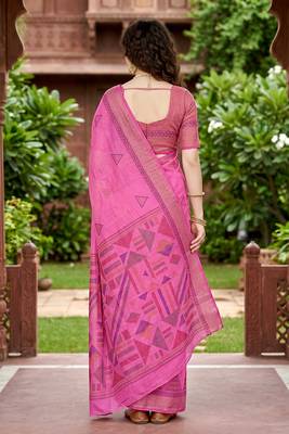 pink woven cotton saree with blouse 4