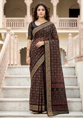 brown woven cotton saree with blouse 1