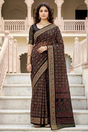 brown woven cotton saree with blouse