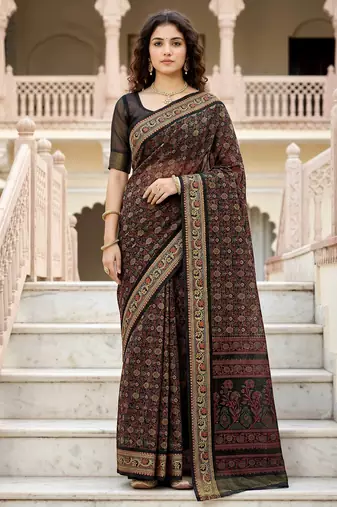 brown woven cotton saree with blouse