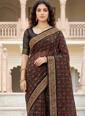 brown woven cotton saree with blouse 2