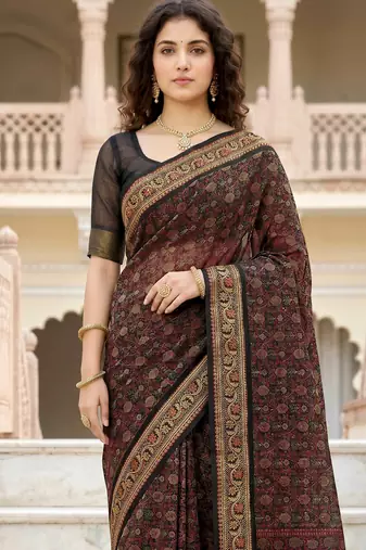 brown woven cotton saree with blouse