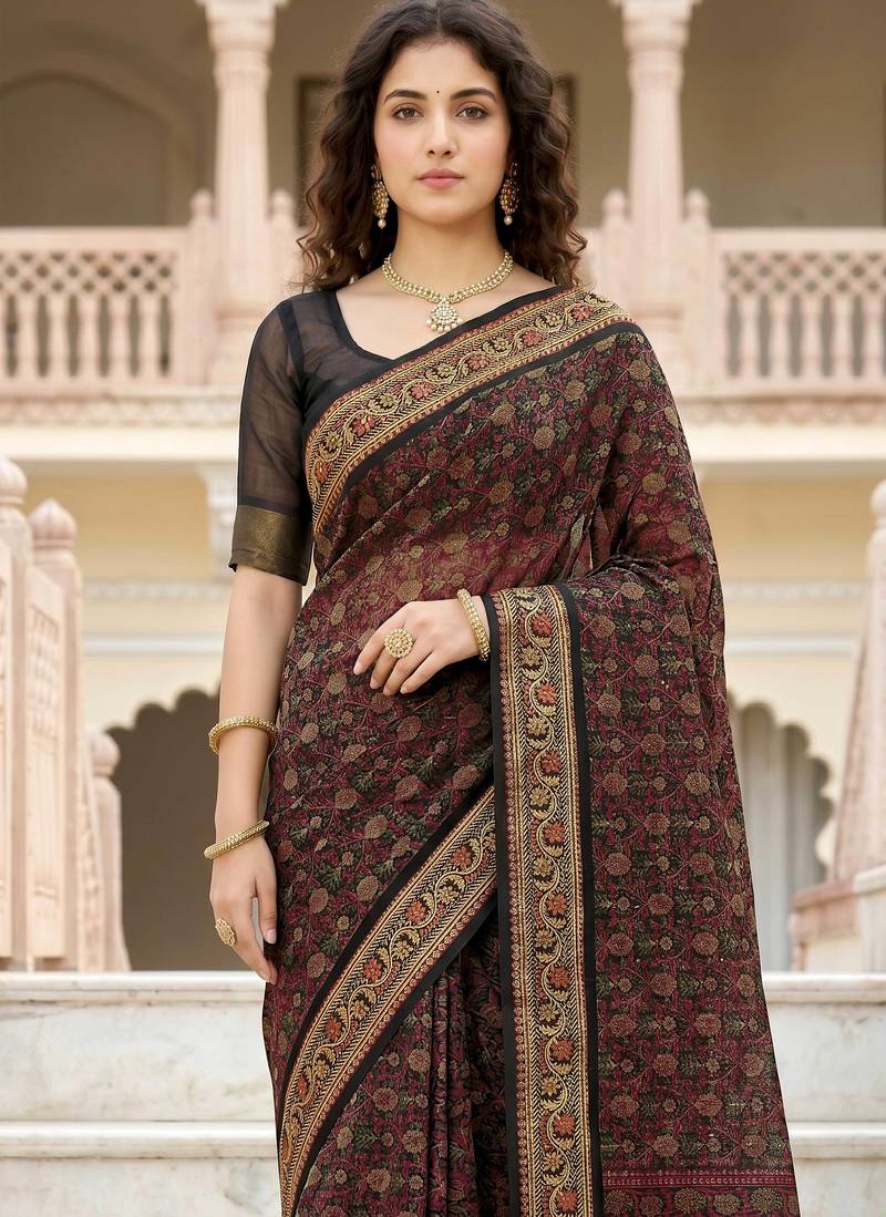 brown woven cotton saree with blouse