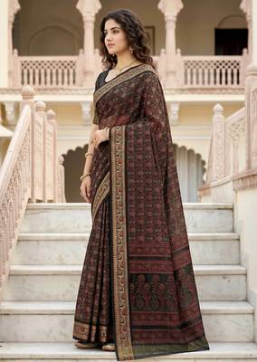 brown woven cotton saree with blouse 3