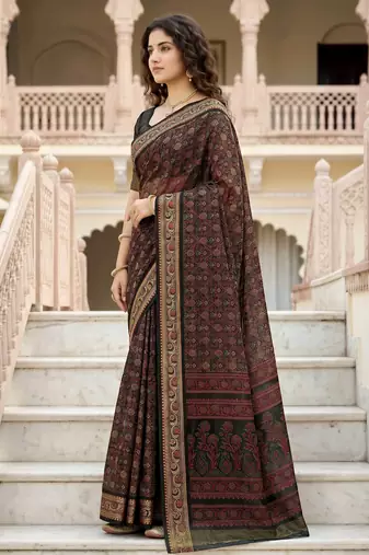 brown woven cotton saree with blouse