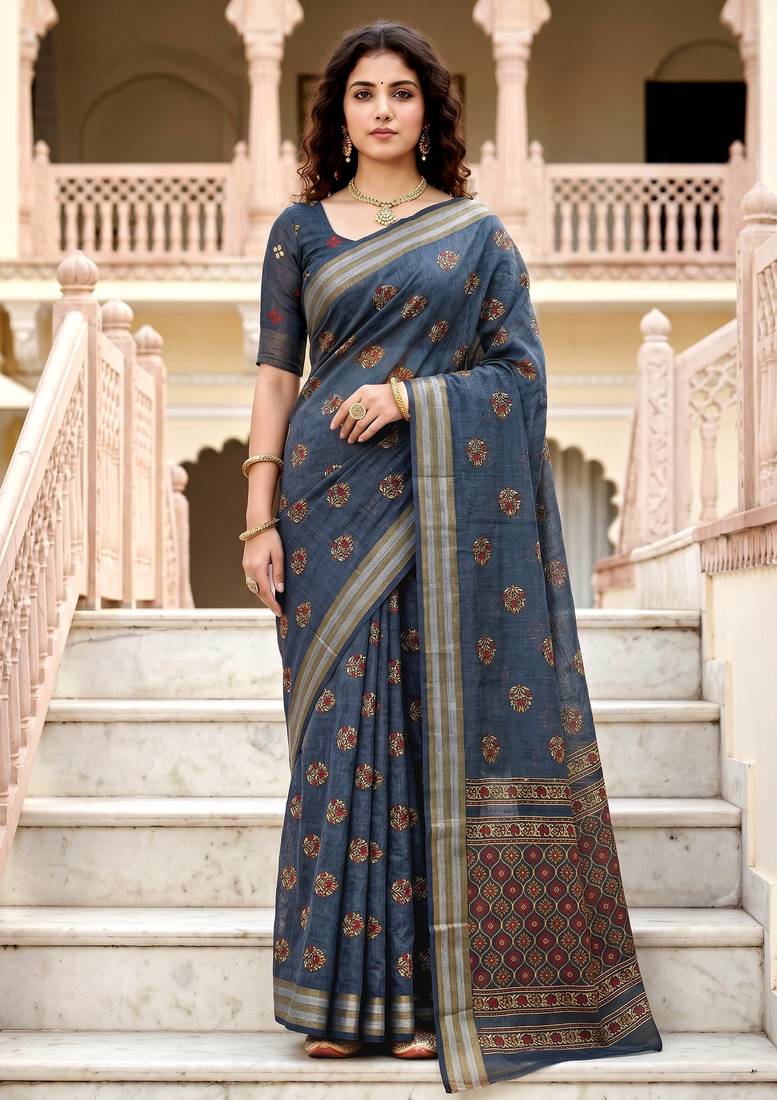 grey woven cotton saree with blouse