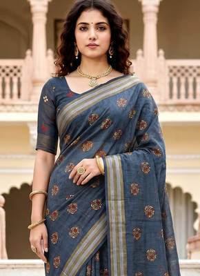 grey woven cotton saree with blouse 2