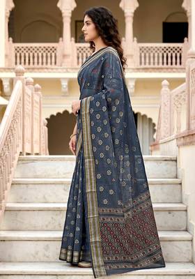 grey woven cotton saree with blouse 3