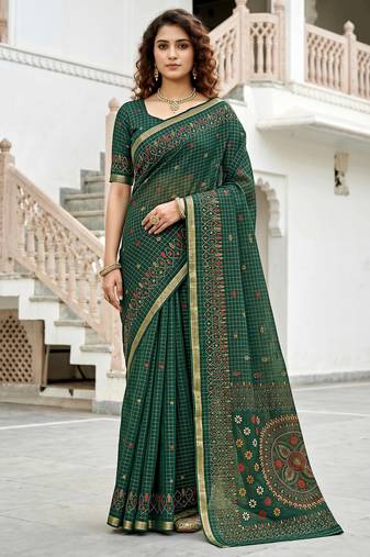 green woven cotton saree with blouse