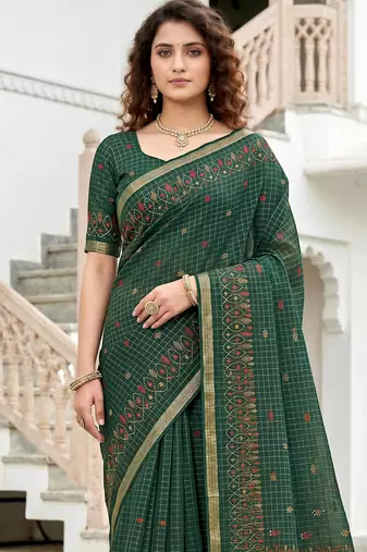 green woven cotton saree with blouse