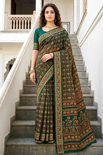 green woven cotton saree with blouse