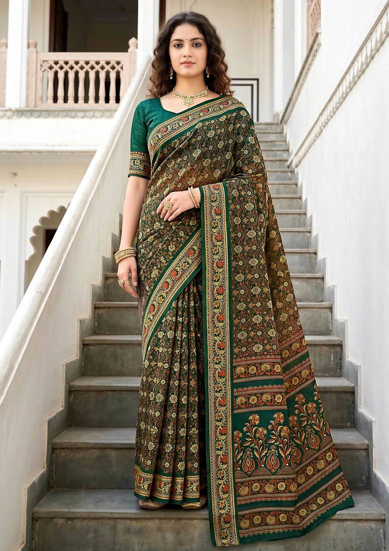 green woven cotton saree with blouse