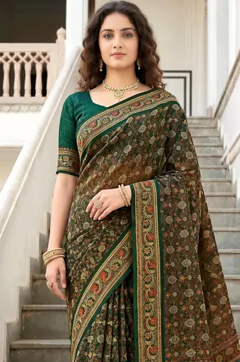 green woven cotton saree with blouse
