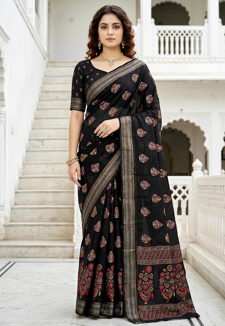 black woven cotton saree with blouse
