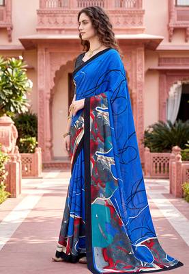 blue woven cotton saree with blouse 3