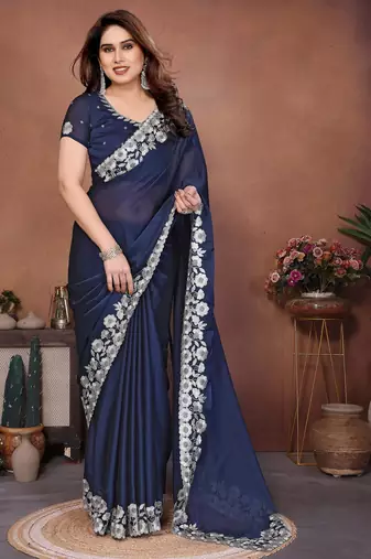Women Navy Blue Floral Embroidered Designer Saree