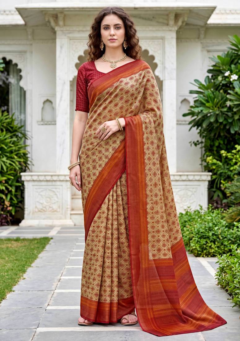 beige woven cotton saree with blouse