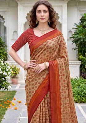 beige woven cotton saree with blouse 2