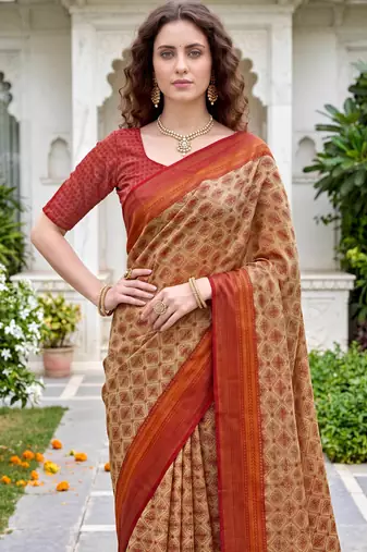 beige woven cotton saree with blouse