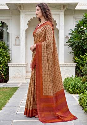 beige woven cotton saree with blouse 3