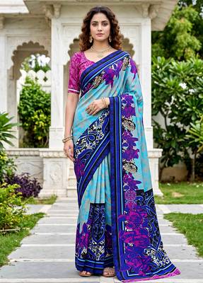 sky blue woven cotton saree with blouse 1
