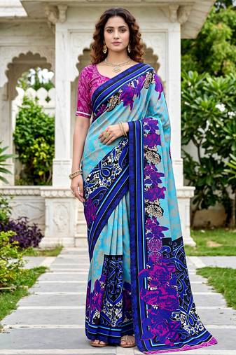sky blue woven cotton saree with blouse