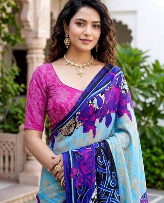 sky blue woven cotton saree with blouse 2