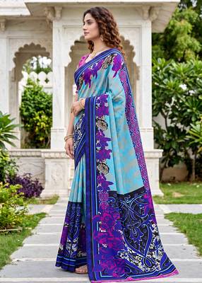 sky blue woven cotton saree with blouse 3