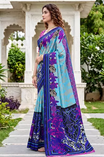 sky blue woven cotton saree with blouse
