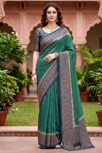 green woven cotton saree with blouse