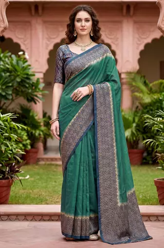 green woven cotton saree with blouse